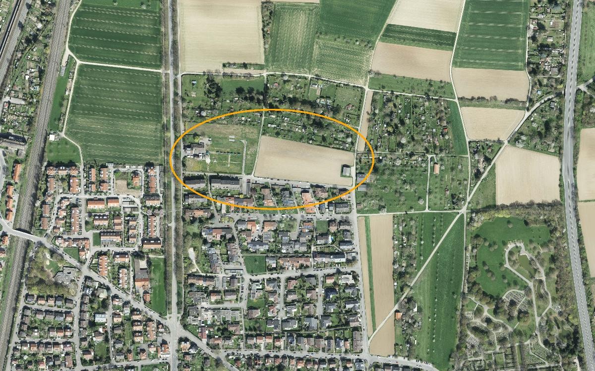 Luftbild Stadtplan mit Markierung des neuen Baugebietes.