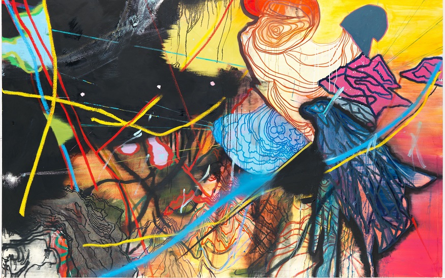 Daniel Richters "the Commercial Hippy" aus dem Jahr 2013, Öl auf Leinwand, 200 x 300 cm, aus der Sammlung Anna und Michael Haas (Berlin) ist in der Ausstellung "Wundersame Welten" zu sehen, © VG Bild-Kunst Bonn, 2023